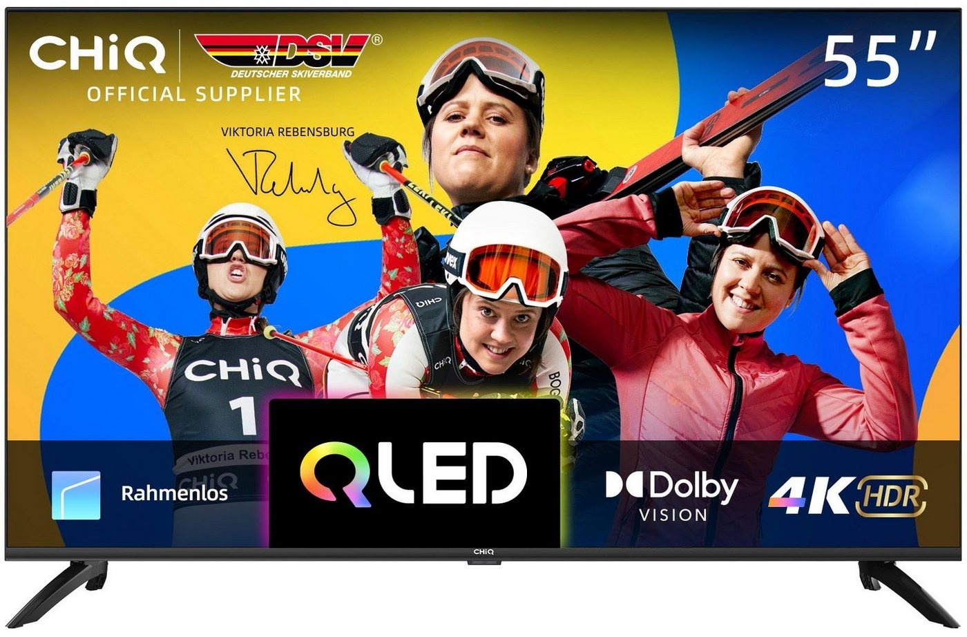 CHiQ U55QH7C QLED-Fernseher (139,00 cm/55 Zoll, 4K Ultra HD, Android TV, Smart-TV, QLED 4K, Quantum dot HDR 10, Rahmlos design, Google TV) schwarz