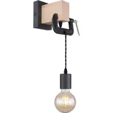 ETC Shop Wandleuchte hängend Wandlampe aus Holz schwarz, 1x E27, Textilkabel schwarz, 14x28x15cm, Flur Schlafzimmer Treppenhaus