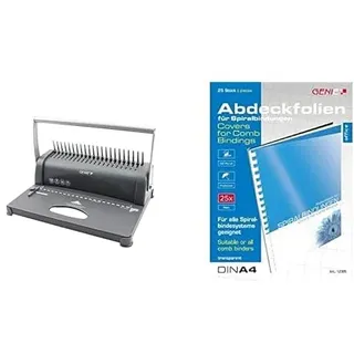 Genie CB 850 Spiralbindegerät (bis 350 Blatt, DIN A4, Inkl. 75-teiligem) silber/schwarz & Genie 12385 Deckblätter (DIN A4, glasklar, 150 Micron, geeignet für alle Bindegeräte) 25 Stück transparent