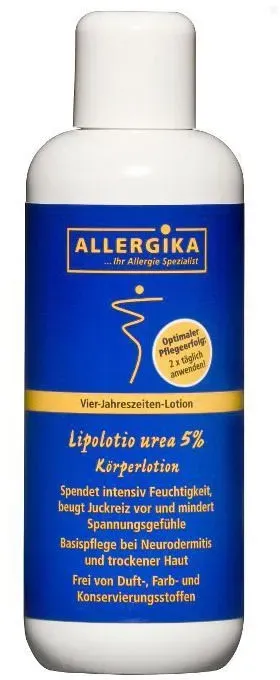 Allergika® Lipolotio Urea 5% - Dermatologische Urea-Körperlotion - feuchtigkeitsspendend, reichhaltig, geruchsneutral. Für trockene, raue Haut, ideal auch bei Diabetes. Stärkt die Hautbarriere.