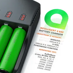 Aplic Batterie-Ladegerät 2000 mA, Universal Akku Ladegerät mit USB Powerbankfunktion, 4x Aufladeschächte