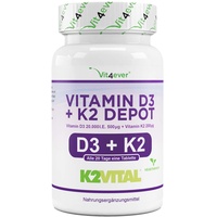 Vitamin D3 20.000 I.E + Vitamin K2 200 mcg Menaquinon MK7 Depot - 100 Tabletten - 99,7+% All-Trans (K2VITAL® von Kappa) - Laborgeprüft - Vegetarisch - Hochdosiert - Premium Qualität