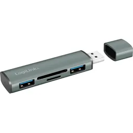 Logilink USB 3.2 (Gen2) 2-Port Hub mit Kartenleser für microSD- und SD-Karten, Aluminiumgehäuse, mit eingebautem SD-Kartenleser, mit Status-LEDs Spacegrau