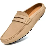 Go Tour Herren Handgefertigte Wildleder Leder Pantoletten Clog Hausschuhe Atmungsaktiv Leder Slip on Schuhe Freizeit Loafer, beige, 47 EU - 47 EU