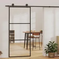 ACAGALA Schiebetür Innenbereich, Glasschiebetür Komplettset, Schiebetüren mit Bodenführung, Schiebetür Komplettset, Schiebetürbeschlag, ESG-Glas & Aluminium, 2 Horizontale Stäbe, 90 x 205 cm
