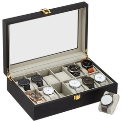 relaxdays Uhrenbox Uhrenbox mit 12 Fächern schwarz