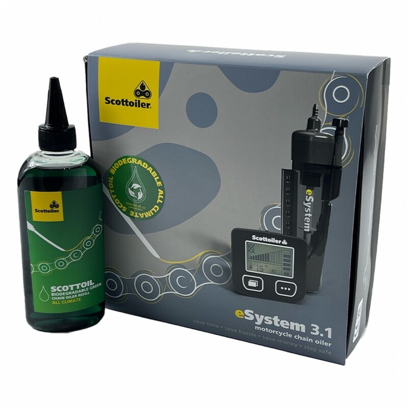 SCOTTOILER Elektronisch kettingsmeermiddel eSystem V3.1 + biologisch afbreekbaar groen smeermiddel