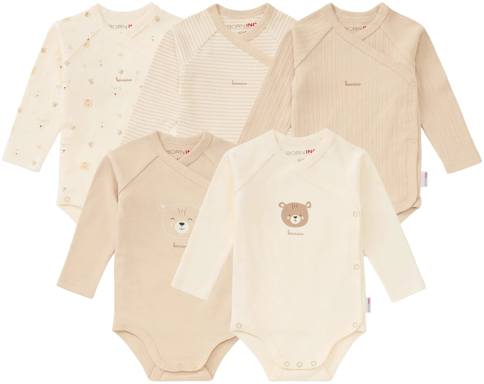 Bornino Lieblinge 5er-Pack Wickelbodys langarm Ringel Bär, beige, 62