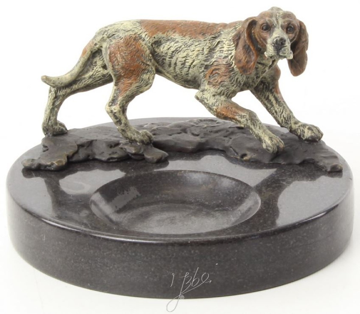 Casa Padrino Luxus Marmor Aschenbecher mit dekorativer Bronzefigur Hund Mehrfarbig / Schwarz Ø 8,2 x H. 13 cm - Luxus Qualität