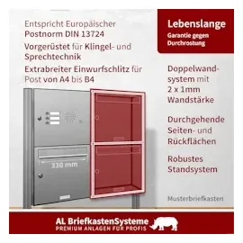 AL Briefkastensysteme 5 Fächer Premium Edelstahl Stand Briefkasten Anlage mit Klingeln, Post A4 modern, robust, wetterfest, Artikelnummer: 331V5S3KS