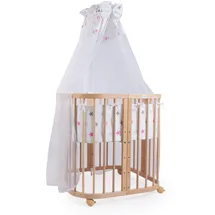 Waldin Babybett aus Holz 7in1 mit Matratze, mitwachsend,Stoffe Sterne pink,Holz natur - Rosa