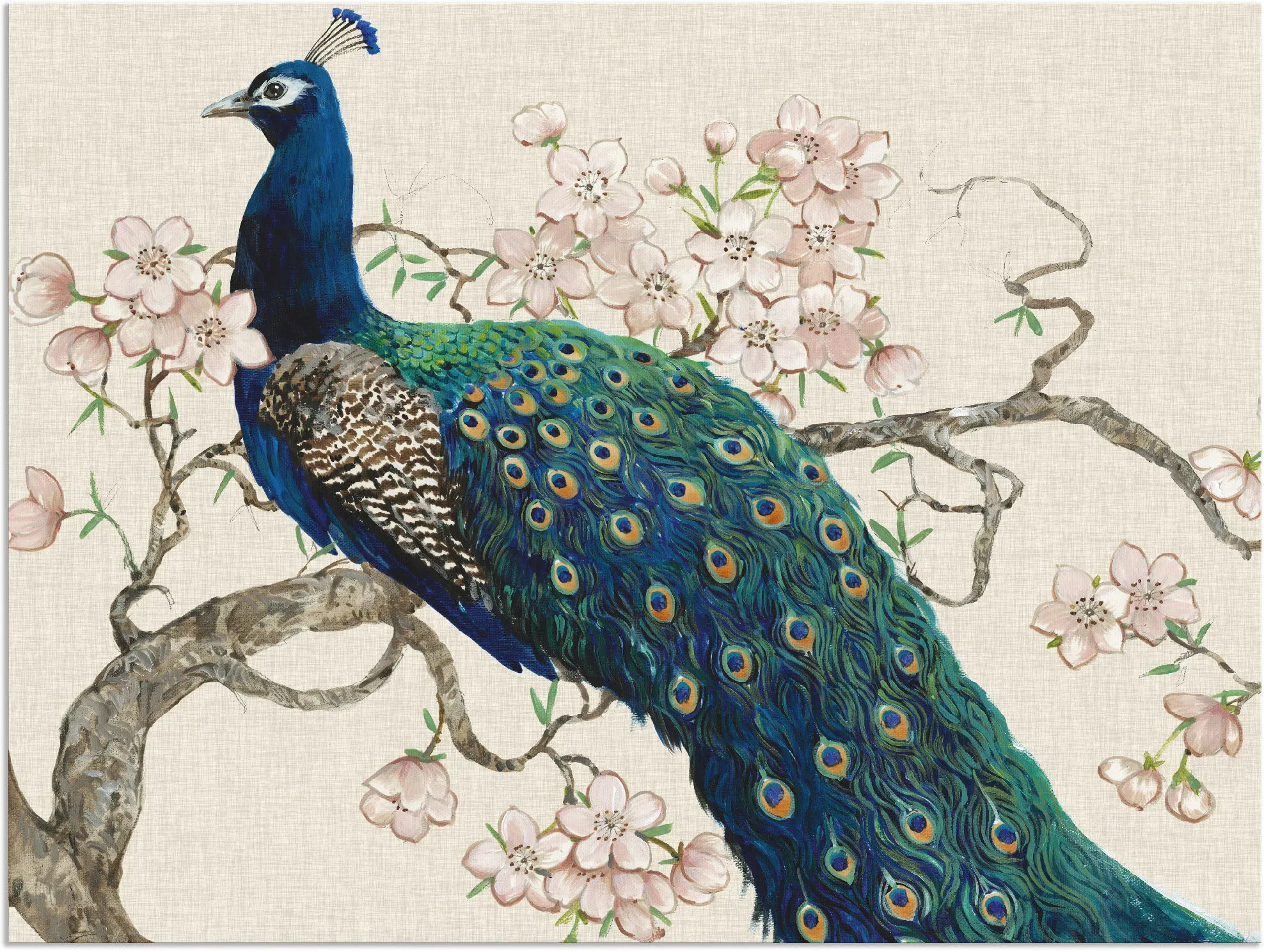 Wandbild ARTLAND "Pfau & Blüten II", beige (farbe bild(er): naturfarben), B:80cm H:60cm, Bilder, als Alubild, Outdoorbild, Leinwandbild, Poster in verschied. Größen