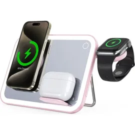 forcell Forcell, 3-in-1 Magnetische Ladestation MagSafe und Qi2 mit LED-Spiegel 15W, Rosa