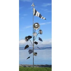 Casa Padrino Luxus XXL Edelstahl Garten Skulptur Sonnenblumen mit Flagge Silber 95 x 75 x H. 290 cm - Riesige XXL Garten Deko - Luxus Outdoor Deko - Luxus Garten Deko Accessoires