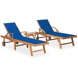 vidaXL Sonnenliegen 2 Stk. mit Tisch und Auflagen Massivholz Teak Kissenfarbe Königsblau