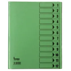 Bene Ordnungsmappe, 12 Fächer, grün, Vorderdeckel zum Beschriften, 3 Sichtlöcher im Fächerblock