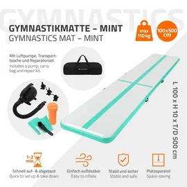 ECD Germany Aufblasbare Gymnastikmatte Turnmatte Airtrack 5m, Grün-Mint H:10 cm, inkl. Tragetasche, Luftpumpe & Flick-Set, Fitnessmatte Tumbling M... - Grün