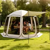 Campingzelt, 365,76x335,28x230 Cm, Pop-up-zelt Mit Ausziehbarer Markise, Partyzelt Für 10–12 Personen, Inkl. Tragetasche & Netz-seitenwände, Für Terrasse & Outdoor-aktivitäten, Beige