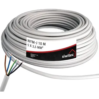siwitec NYM-Kabel, NYM-J 5x2,5 mm2, 10 m Stromkabel, Mantelleitung, Installationskabel, Kabelring,
