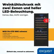 GGV Exquisit Exquisit Weinkühlschrank 2 Zonen, Platz für 114 Flaschen, 220 Liter, Umluftventilator, Digitale Temperaturanzeige, WS2-114-GTE-160G schwarz