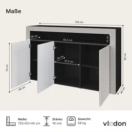 Vladon Sideboard 155 x 92 x 40 cm Schwarz matt / Eiche Natur