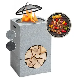 Blumfeldt Monolith Feuerschale mit Grill MGO & Stahlschale inkl. Funkenschutz Hellgrauer Granit