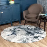 livabliss New York Wohnzimmer modern – Abstrakt Design in Marmor Optik für Wohnzimmer 160 cm Rund, Esszimmer, Schlafzimmer - Marmor e groß, weicher Kurzflor in Blau, Grau und Beige