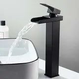 Hohe Waschtischarmatur Mit Wasserfall-design, Rechteckige, Matte Schwarze Warm-/kaltwasser-armatur, Xu Square Waschtischarmatur Für Aufsatzwaschbecken, Edelstahl, Oxidationsbeständig, Bleifrei