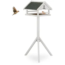 Relaxdays Vogelfutterhaus mit Ständer, wetterfestes Dach, Holz Vogelhaus, HBT: 120x62x55 cm, Futterhaus Wildvögel, weiß