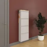furni24 Schuhschrank Schmal – Platzsparender Metall-Schuhschrank mit Magnetklappen, Platz für 8-12 Paar Schuhe, Wandmontierbar und Vormontiert - 4 Klappen, Grau-Saphir Eiche Dekor