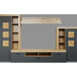 Home Affaire Wohnwand HOME AFFAIRE "Ghent", anthrazit mit eiche, B:331cm H:206cm T:52cm, Glas, Holzwerkstoff, Kunststoff, Kastenmöbel-Sets, Wohnwand, Mit Hirnholzapplikationen - Aufgebaut (B/T/H): 331/52/206 cm