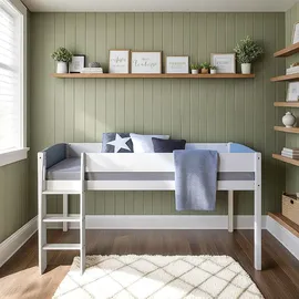 Homestyle4u Hochbett 90 x 200 cm Kiefer massiv lackiert weiß grau