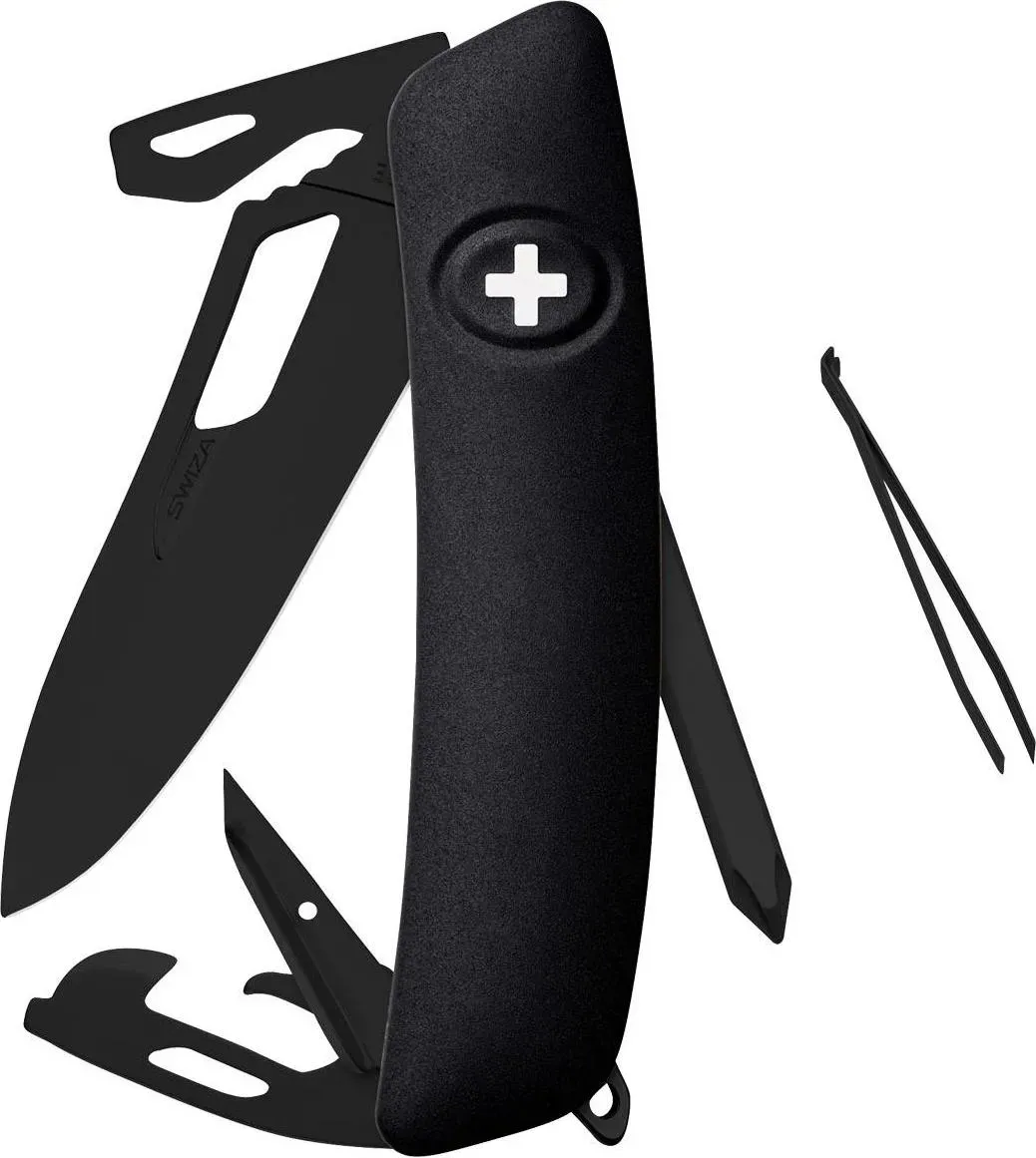 Swiza, Taschenmesser, Schweizer Messer SH04 ALL BLACK, Stahl 440, PVD, PTFE-Beschichtung, schwarze Anti-Rutschschal