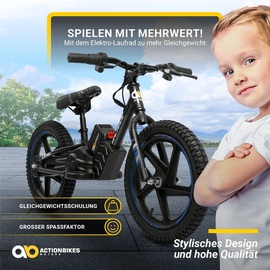 Actionbikes Motors Elektro-Laufrad, 16 Zoll Kinder-Balance-Bike m. 250 Watt, Scheibenbremsen 3 Geschwindigkeitsstufen (Blau)