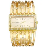 JewelryWe Damenuhr Rechteckig Armreif Uhr: Damen Glitzer Strass Analog Quarz Armbanduhr Frauen Gold Breit Metallarmband Armspange Lässige Diamant Spangenuhr mit Eckigem Zifferblatt