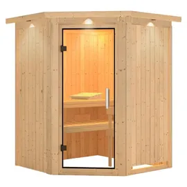 Karibu Sauna Larin mit Eckeinstieg 68 mm - Ohne Ofen-Inkl. Dachkranz-Klarglas Ganzglastür