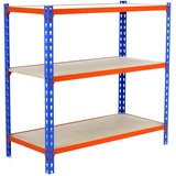 Simonrack Schwerlastregal, Lagerregal, 90x90x40 cm, Metallregal, Kellerregal, Biegestelle 150 kg, 3 Holzfachböden, Blau/Orange/Holz - Maderclick
