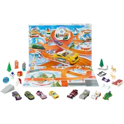 Hot Wheels Adventskalender 2024, 8 Hot Wheels Spielzeugautos und 16 Zubehörteile (24 Komponenten insgesamt)
