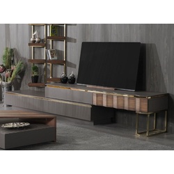 Casa Padrino Luxus Wohnzimmer TV Schrank Set Grau / Braun / Gold - 1 TV Schrank mit 4 Schubladen & 2 Wandregale - Wohnzimmer Möbel - Massivholz Möbel - Luxus Möbel - Luxus Einrichtung