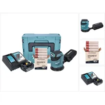 Makita DBO 180 RT1J Akku Exzenterschleifer 18 V 125 mm + 1x Akku 5,0 Ah + Ladegerät + Toolbrothers SPIDER Schleifset Netzschleifmittel + Makpac