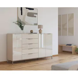 Rauch Kombikommode RAUCH "Kommode Türkommode Sideboard Kombikommode FLIPP mit Glasfront", beige (beige, glas beige (champagner)), B:200cm H:111cm T:42cm, Holzwerkstoff, Sideboards, Kombikommode, 3-türig mit 5 Schubladen und Soft-Close-Funktion sowie Glasfront