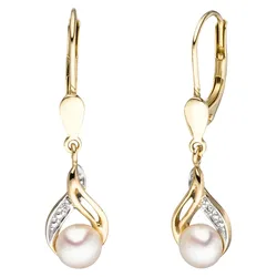Perlenohrringe JOBO, gelb (gelbgold 585), Ohrringe, Damen, P1 = bei 10-facher Vergrößerung erkennbare Einschlüsse, Gelbgold 585-Diamanten-Perlen, Gelbgold 585, Diamanten, Perlen, 585 Gold mit 2 Diamanten und Süßwasser-Zuchtperlen