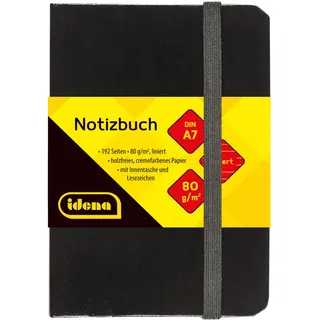 IDENA Notizbuch DIN A7, liniert, Papier cremefarben, 192 Seiten, 80 g/m2, Hardcover in Schwarz