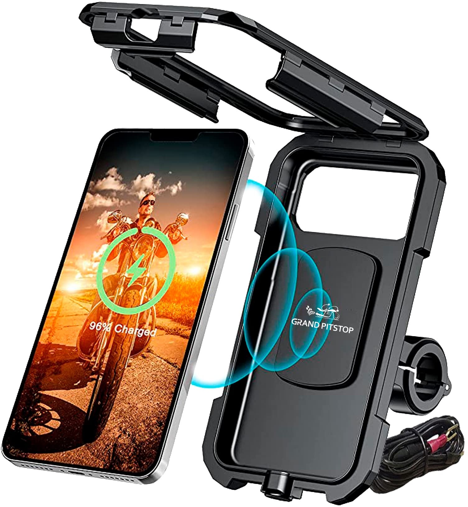 Grandpitstop -Waterproof Handlebar Fully Waterproof Bike / Motorcycle / Scooter Mobile Phone Holder Mount With Fast 15W Wireless & Usb-C Input/Output Charger, Ideal For Maps And Gps Navigation - Black