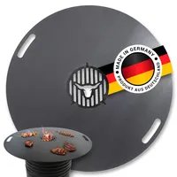 Feuerplatte für Feuertonne und Kugelgrill Handgriffe 90 cm, 6 mm Stärke #923– INKL. Grilleinsatz, Grillplatte für Feuertonne & Feuerschale, Massive Stahlplatte Plancha Grillring für BBQ & Teppanyaki