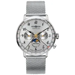 Multifunktionsuhr ZEPPELIN "Hindenburg LZ 129 Moonphase", silber (silberfarben, silberfarben), Armbanduhren, Herren, Armbanduhr, Herrenuhr, Mondphase, Made in Germany, Edelstahlarmband