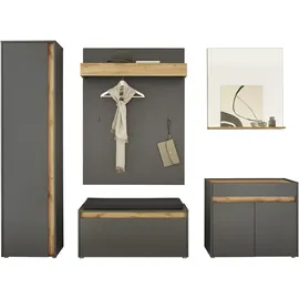 INOSIGN »GIRON/ CiTY, Garderobe in Wotan Eiche, moderner Garderobenschrank«, (Komplett-Set, 5 St.), enthält Schrank, Kommode, Spiegel, Paneel & Schuhbank +Sitzkissen