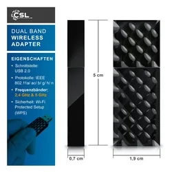 CSL WLAN Dual Band Stick - 433 MBit s - 2,4 GHz 5 GHz - bis zu 433 MBit s WLAN-Standards 802.11ac