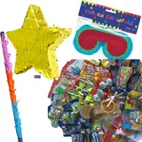 Pinata Set: * STERN * gold mit + Maske + Schläger + 100-teiliger Süßigkeiten-Füllung No.1 von Carpeta© // Handgefertigte spanische Pinata. Tolles Spiel für Kindergeburtstag oder Mottoparty
