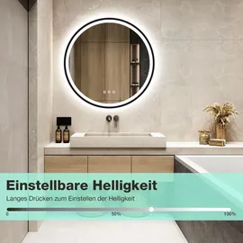 gimbelen LED Runder Badspiegel mit Beleuchtung, 3 Lichtfarben, Dimmbar, Antibeschlag, Energiesparend, Touch-Schalter und Speicherfunktion, LED Badspiegel Schwarz,